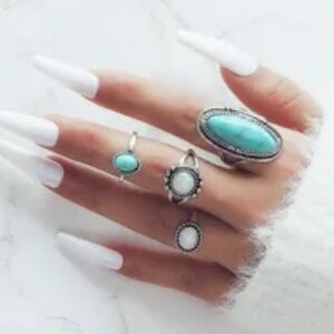 New Turquoise Boho White opal western Silver leaf open ring 4 piece set gift